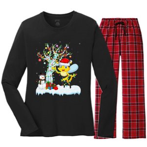 Bee Xmas Lighting Tree Santa Hat Bee Christmas Women's Long Sleeve Flannel Pajama Set 