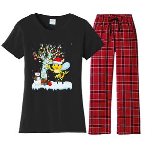 Bee Xmas Lighting Tree Santa Hat Bee Christmas Women's Flannel Pajama Set