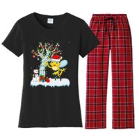 Bee Xmas Lighting Tree Santa Hat Bee Christmas Women's Flannel Pajama Set