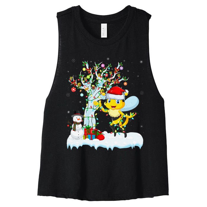 Bee Xmas Lighting Tree Santa Hat Bee Christmas Women's Racerback Cropped Tank