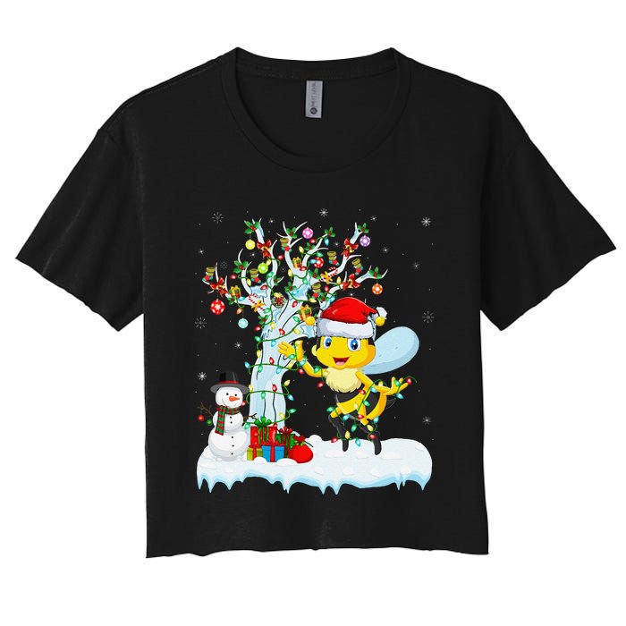 Bee Xmas Lighting Tree Santa Hat Bee Christmas Women's Crop Top Tee