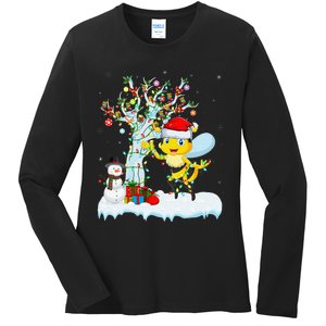 Bee Xmas Lighting Tree Santa Hat Bee Christmas Ladies Long Sleeve Shirt