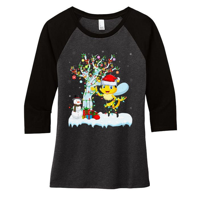 Bee Xmas Lighting Tree Santa Hat Bee Christmas Women's Tri-Blend 3/4-Sleeve Raglan Shirt