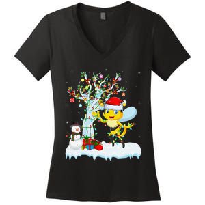 Bee Xmas Lighting Tree Santa Hat Bee Christmas Women's V-Neck T-Shirt