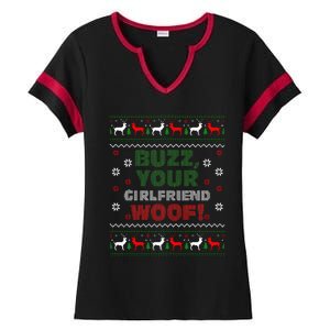 Buzz Xmas Your Girlfriend Woof! Ugly Christmas Sweater Ladies Halftime Notch Neck Tee