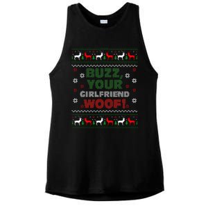 Buzz Xmas Your Girlfriend Woof! Ugly Christmas Sweater Ladies PosiCharge Tri-Blend Wicking Tank