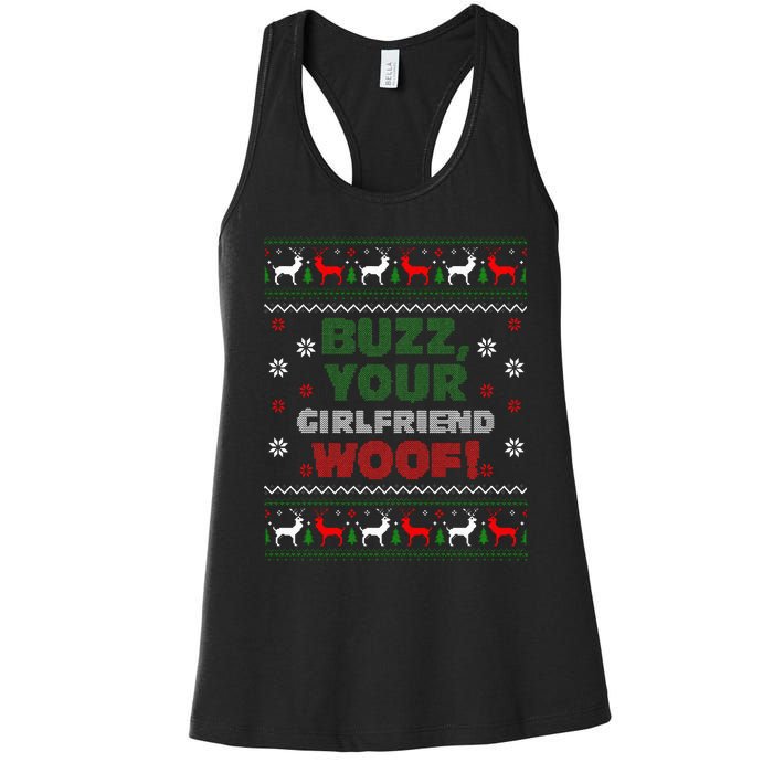 Buzz Xmas Your Girlfriend Woof! Ugly Christmas Sweater Women's Racerback Tank