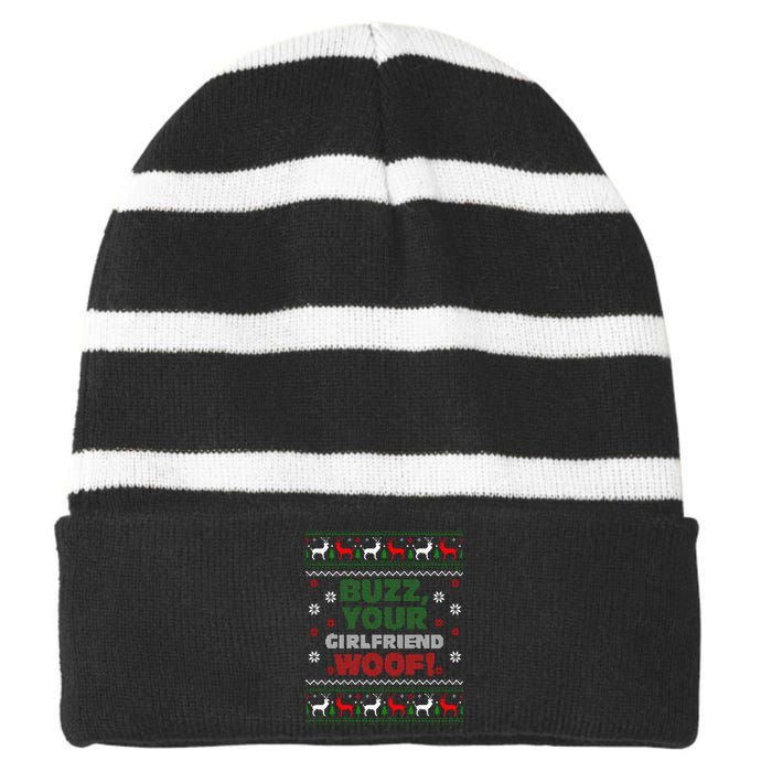 Buzz Xmas Your Girlfriend Woof! Ugly Christmas Sweater Striped Beanie with Solid Band