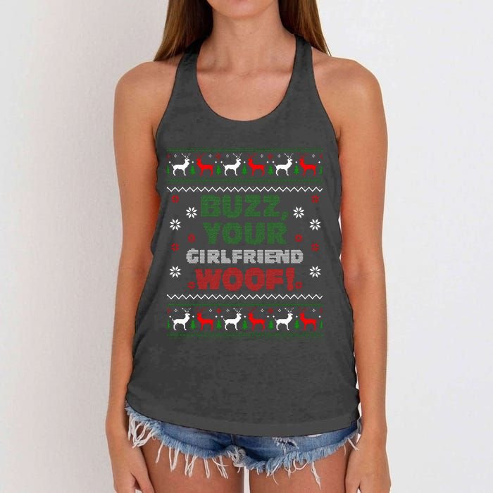 Buzz Xmas Your Girlfriend Woof! Ugly Christmas Sweater Women's Knotted Racerback Tank