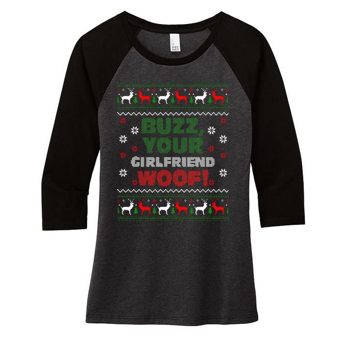 Buzz Xmas Your Girlfriend Woof! Ugly Christmas Sweater Women's Tri-Blend 3/4-Sleeve Raglan Shirt