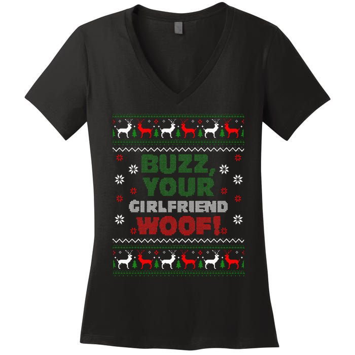 Buzz Xmas Your Girlfriend Woof! Ugly Christmas Sweater Women's V-Neck T-Shirt