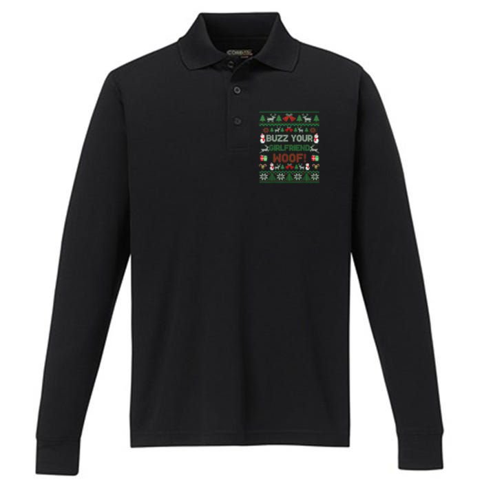 Buzz Xmas Your Girlfriend Woof! Ugly Christmas Sweater Performance Long Sleeve Polo