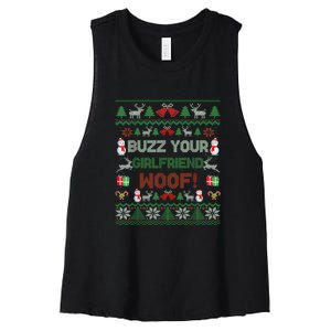 Buzz Xmas Your Girlfriend Woof! Ugly Christmas Sweater Women's Racerback Cropped Tank