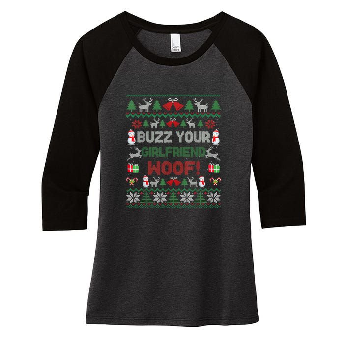 Buzz Xmas Your Girlfriend Woof! Ugly Christmas Sweater Women's Tri-Blend 3/4-Sleeve Raglan Shirt