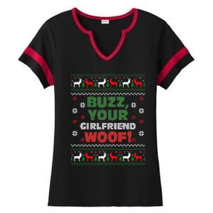 Buzz Xmas Your Girlfriend Woof! Ugly Christmas Sweater Ladies Halftime Notch Neck Tee