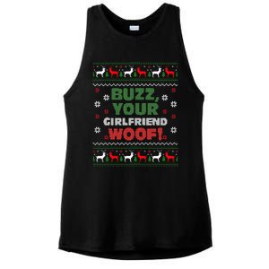 Buzz Xmas Your Girlfriend Woof! Ugly Christmas Sweater Ladies PosiCharge Tri-Blend Wicking Tank