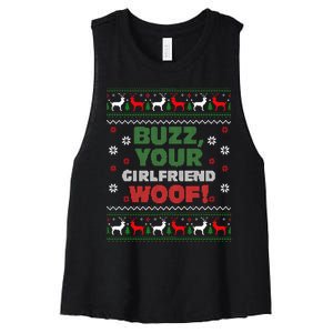 Buzz Xmas Your Girlfriend Woof! Ugly Christmas Sweater Women's Racerback Cropped Tank