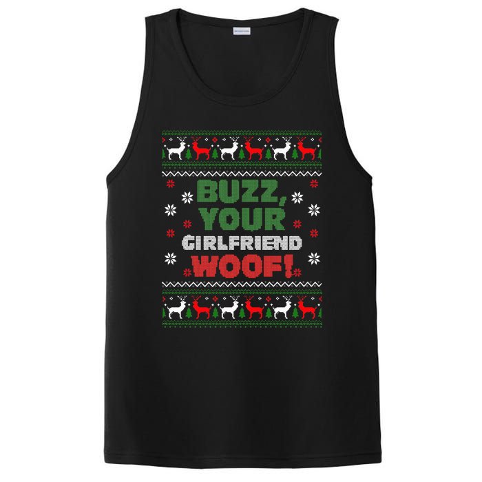 Buzz Xmas Your Girlfriend Woof! Ugly Christmas Sweater PosiCharge Competitor Tank