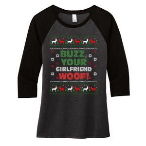 Buzz Xmas Your Girlfriend Woof! Ugly Christmas Sweater Women's Tri-Blend 3/4-Sleeve Raglan Shirt