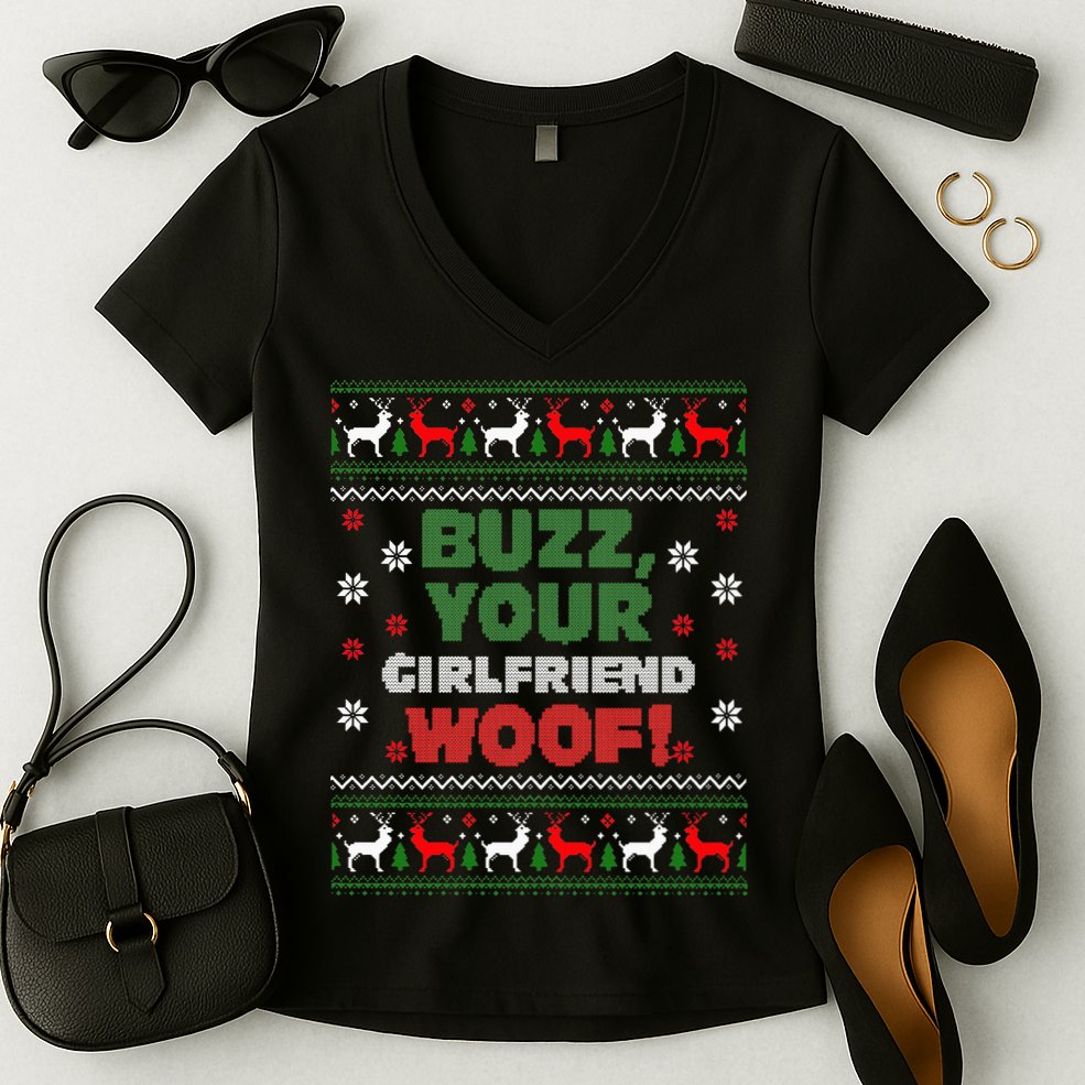 Buzz Xmas Your Girlfriend Woof! Ugly Christmas Sweater Women's V-Neck T-Shirt