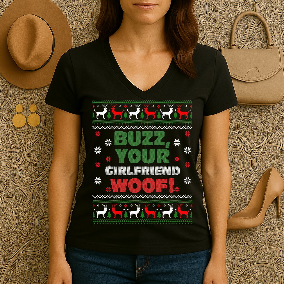 Buzz Xmas Your Girlfriend Woof! Ugly Christmas Sweater Women's V-Neck T-Shirt