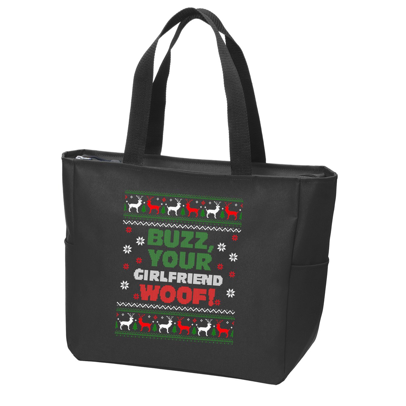 Buzz Xmas Your Girlfriend Woof! Ugly Christmas Sweater Zip Tote Bag