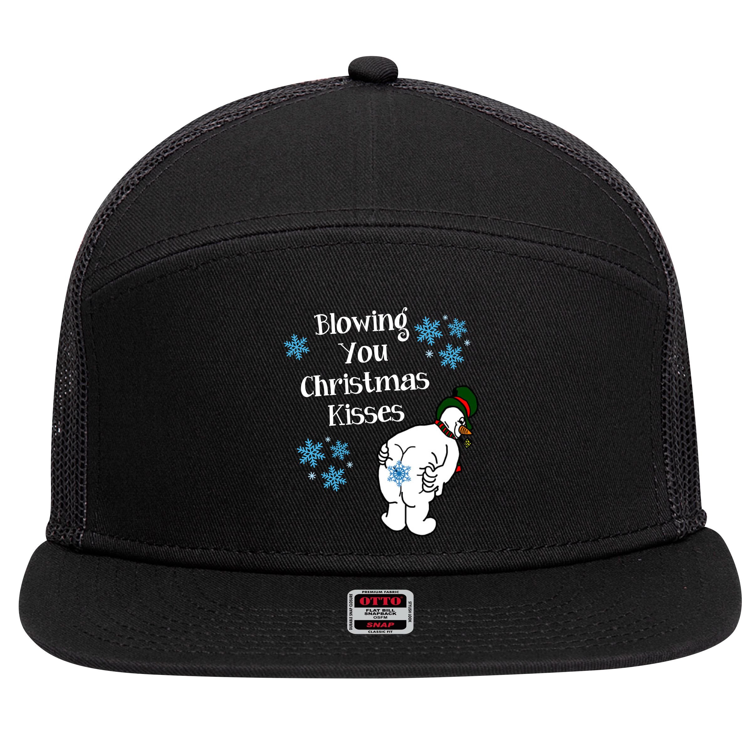 Blowing You Christmas Kisses Funny Snowman 7 Panel Mesh Trucker Snapback Hat