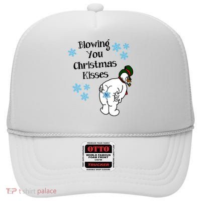 Blowing You Christmas Kisses Funny Snowman High Crown Mesh Back Trucker Hat