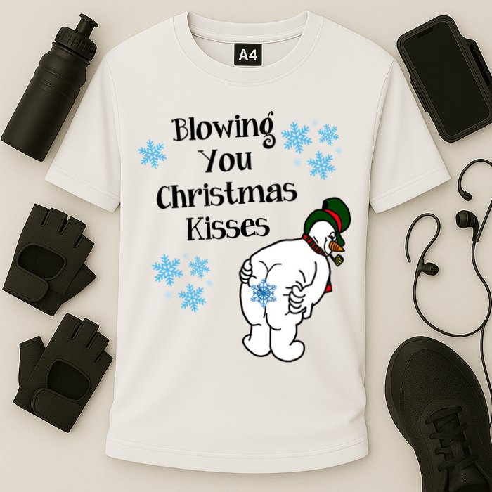 Blowing You Christmas Kisses Funny Snowman Cooling Performance Crew T-Shirt