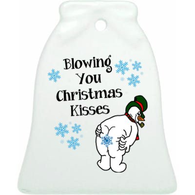 Blowing You Christmas Kisses Funny Snowman Ceramic Bell Ornament