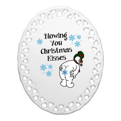 Blowing You Christmas Kisses Funny Snowman Ceramic Oval Ornament