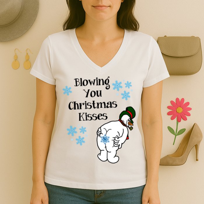 Blowing You Christmas Kisses Funny Snowman Women's V-Neck T-Shirt