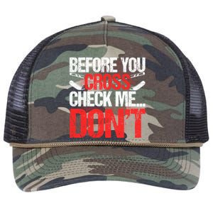 Before You Cross Check Me Dont Ice Hockey Player Gift Retro Rope Trucker Hat Cap