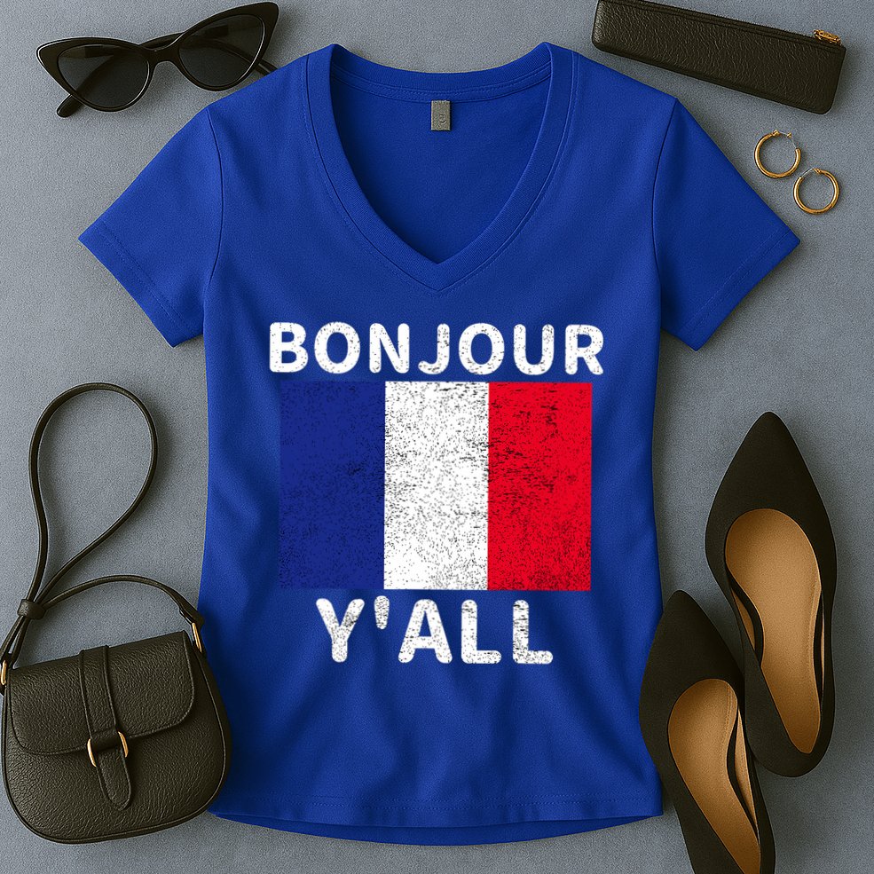 Bonjour Y'all French Flag France Pride  Women's V-Neck T-Shirt