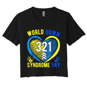 Blue Yellow Heart 21 World Down Syndrome Awareness  Day  Women's Crop Top Tee