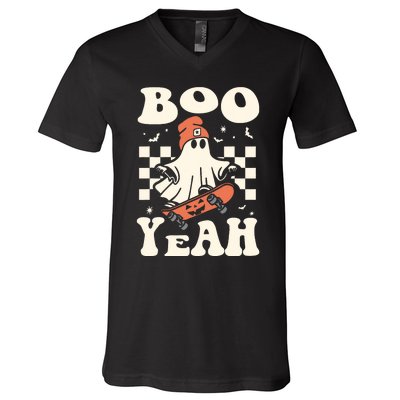 Boo Yeah Halloween Ghost Boy Retro Skateboard V-Neck T-Shirt