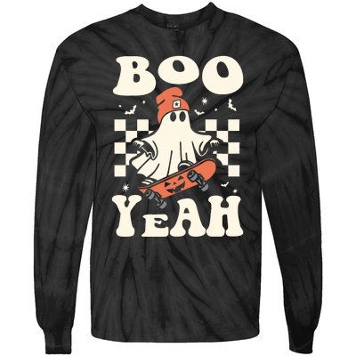 Boo Yeah Halloween Ghost Boy Retro Skateboard Tie-Dye Long Sleeve Shirt