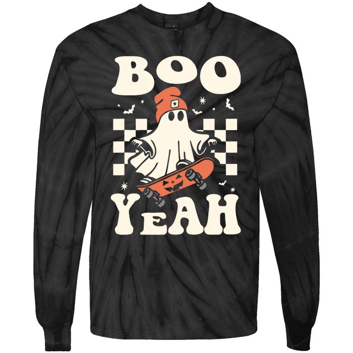 Boo Yeah Halloween Ghost Boy Retro Skateboard Tie-Dye Long Sleeve Shirt