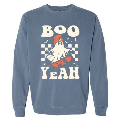 Boo Yeah Halloween Ghost Boy Retro Skateboard Garment-Dyed Sweatshirt