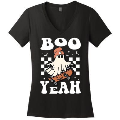 Boo Yeah Halloween Ghost Skateboard Women's V-Neck T-Shirt