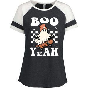 Boo Yeah Halloween Ghost Skateboard Enza Ladies Jersey Colorblock Tee