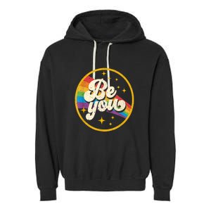 Be You Pride Lgbtq Gay Lgbt Ally Rainbow Flag Retro Galaxy Garment-Dyed Fleece Hoodie