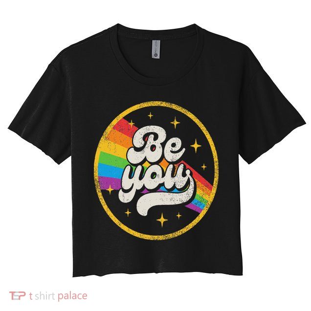 Be You Pride Lgbtq Gay Lgbt Ally Rainbow Flag Retro Galaxy Women's Crop Top Tee