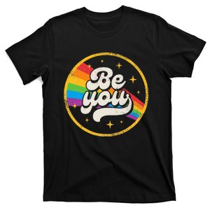 Be You Pride LGBTQ Gay LGBT Ally Rainbow Flag Retro Galaxy T-Shirt