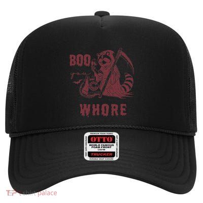 Boo You Whore Raccoon Spooky Season Animal Halloween High Crown Mesh Back Trucker Hat