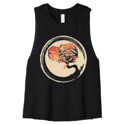 Bonsai Zen Buddhist Enso Circle Tree In Japanese Women's Racerback Cropped Tank