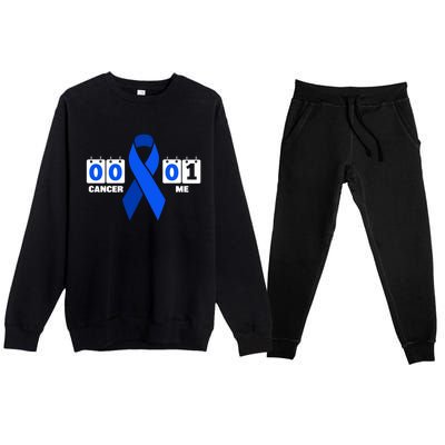 Cancer 00 Me 01 Blue Ribbon Colon Cancer Awareness Funny Gift Premium Crewneck Sweatsuit Set