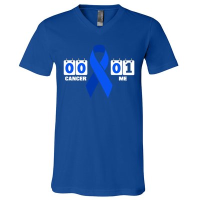 Cancer 00 Me 01 Blue Ribbon Colon Cancer Awareness Funny Gift V-Neck T-Shirt