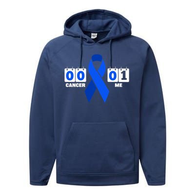 Cancer 00 Me 01 Blue Ribbon Colon Cancer Awareness Funny Gift Performance Fleece Hoodie