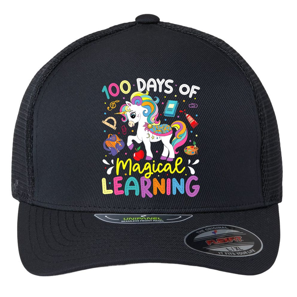 Cute 100 Days Of Magical Learning 100th Day School Unicorn Flexfit Unipanel Trucker Cap